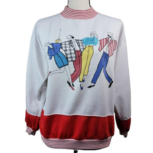 Vintage Tops - Vintage 80s Fashion Model Graphic Sweatshirt Womens L Red White Pullover Boxcar